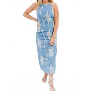 NEW AROSE STUDIO embroidered halter maxi dress in blue